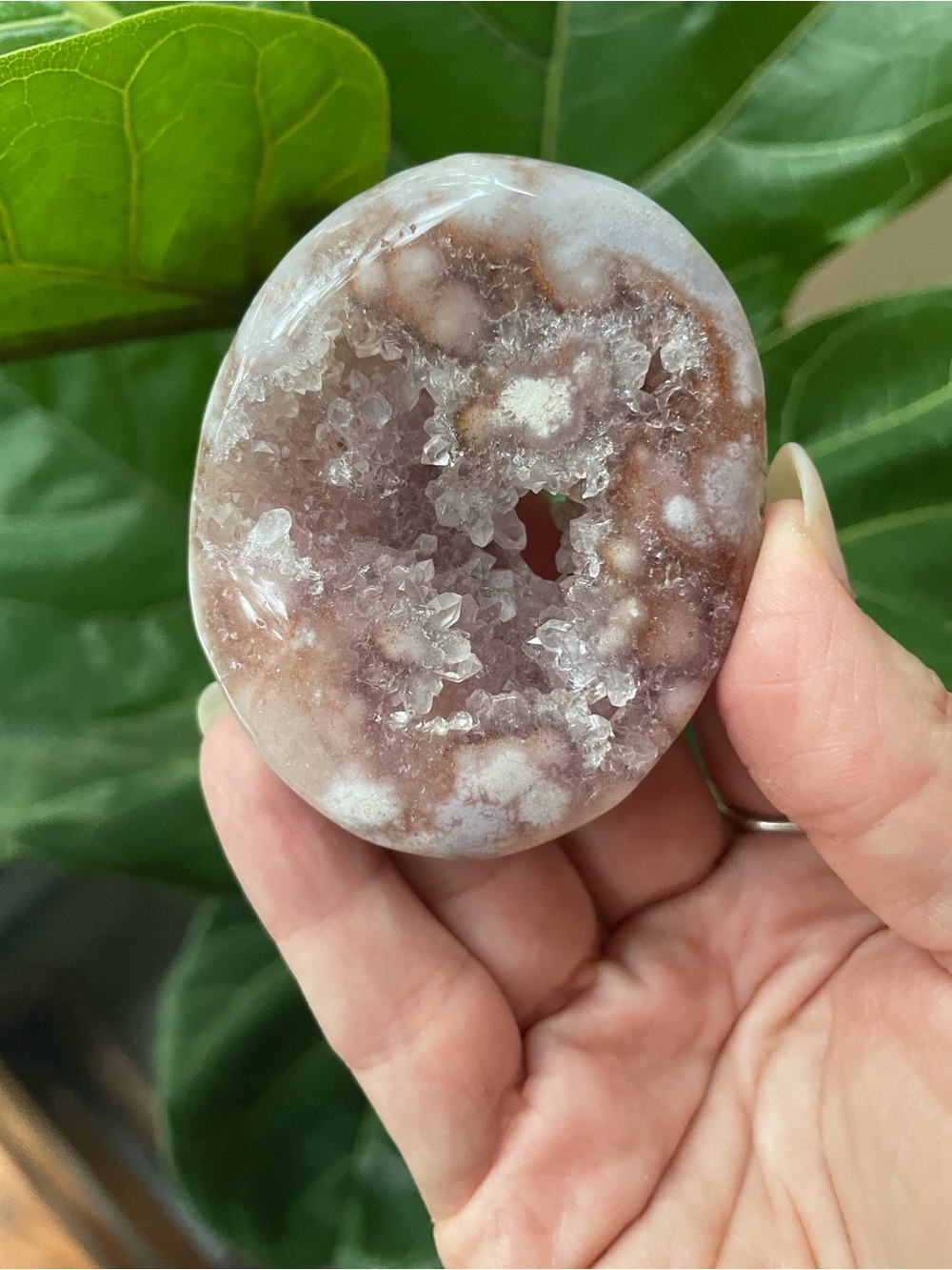 Pink amethyst flower agate polished crystal palm stone with crystals
